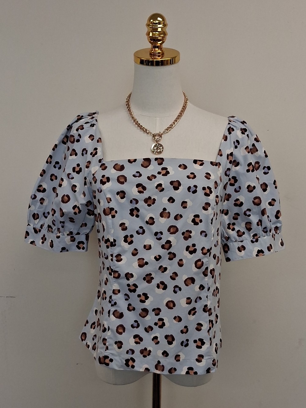 Ann Taylor Factory Blue Leopard Puff Sleeve Blouse Size Small